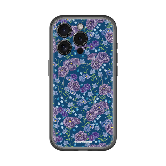 スリムプロテクションプレミアムケース with MagSafe［ 日比谷花壇 - FloralSymphony - ネイビー ］