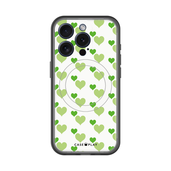 スリムプロテクションプレミアムケース with MagSafe［ Stripe Hearts - Green ］