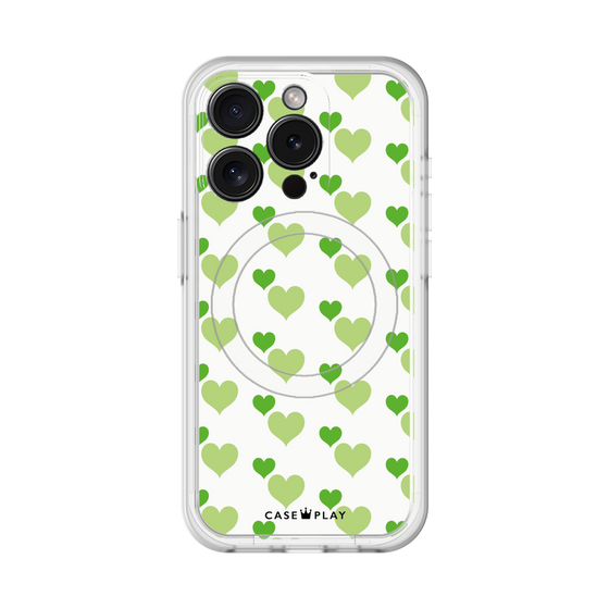 スリムプロテクションプレミアムケース with MagSafe［ Stripe Hearts - Green ］