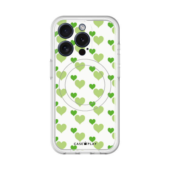 スリムプロテクションプレミアムケース with MagSafe［ Stripe Hearts - Green ］