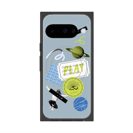 プレミアムスクエアケース with Pixelsnap［ Playful sticker - Dusty Blue ］