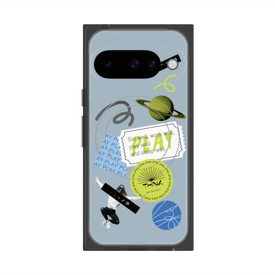 プレミアムスクエアケース with Pixelsnap［ Playful sticker - Dusty Blue ］