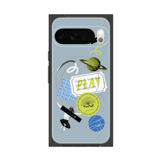 プレミアムスクエアケース with Pixelsnap［ Playful sticker - Dusty Blue ］