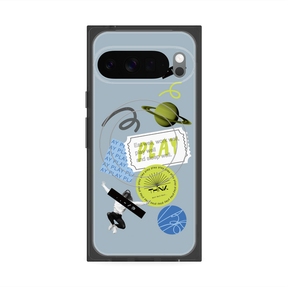 プレミアムスクエアケース with Pixelsnap［ Playful sticker - Dusty Blue ］