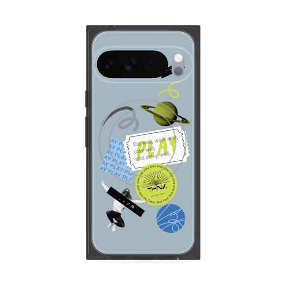 プレミアムスクエアケース with Pixelsnap［ Playful sticker - Dusty Blue ］