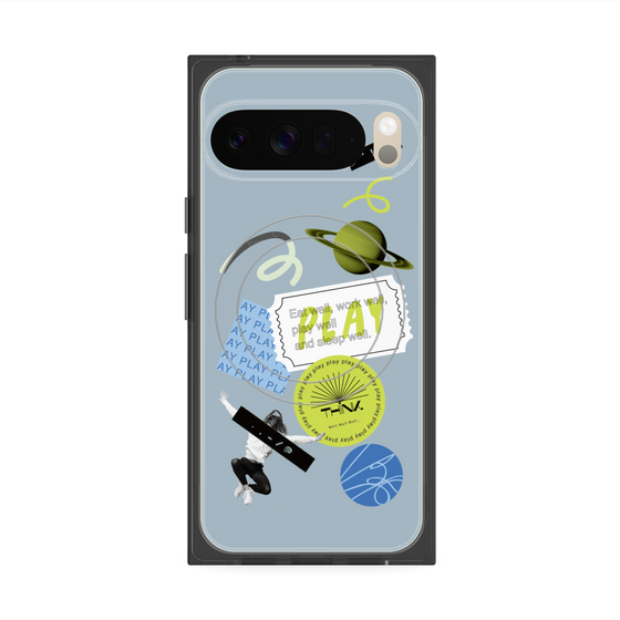 プレミアムスクエアケース with Pixelsnap［ Playful sticker - Dusty Blue ］