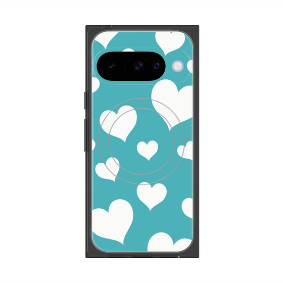 プレミアムスクエアケース with Pixelsnap［ Dot Hearts - Blue ］