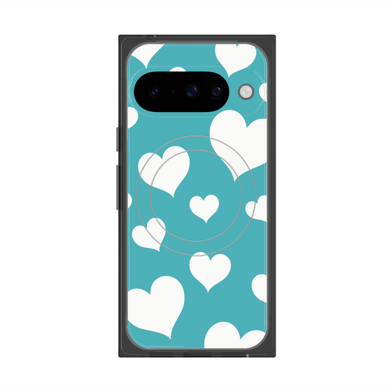 プレミアムスクエアケース with Pixelsnap［ Dot Hearts - Blue ］