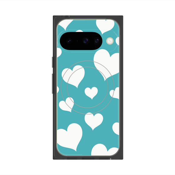 プレミアムスクエアケース with Pixelsnap［ Dot Hearts - Blue ］