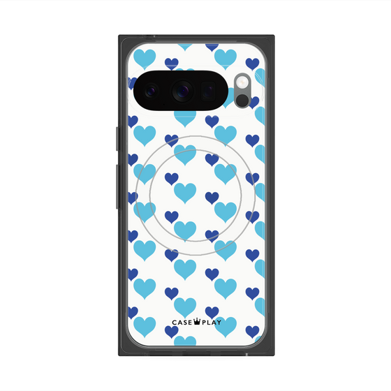 プレミアムスクエアケース with Pixelsnap［ Stripe Hearts - Blue ］