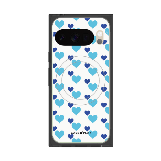 プレミアムスクエアケース with Pixelsnap［ Stripe Hearts - Blue ］