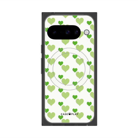 プレミアムスクエアケース with Pixelsnap［ Stripe Hearts - Green ］