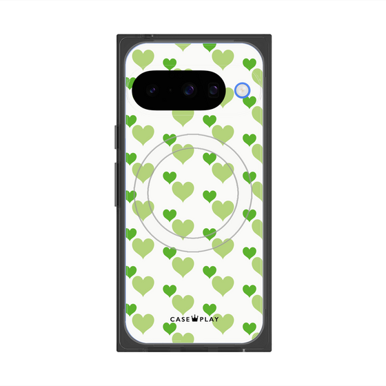 プレミアムスクエアケース with Pixelsnap［ Stripe Hearts - Green ］