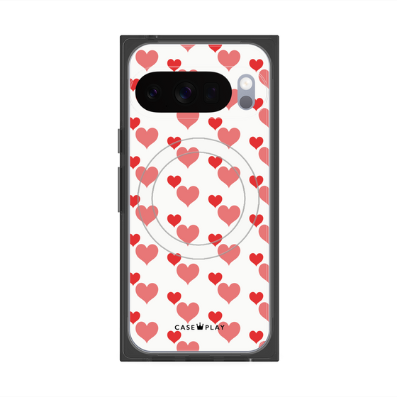 プレミアムスクエアケース with Pixelsnap［ Stripe Hearts - Red ］