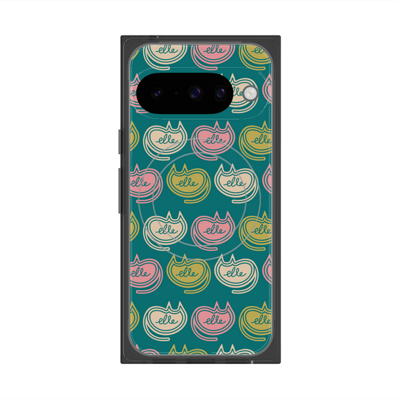 プレミアムスクエアケース with Pixelsnap［ ELLE - Cat Pattern - グリーン ］