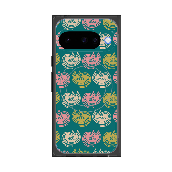 プレミアムスクエアケース with Pixelsnap［ ELLE - Cat Pattern - グリーン ］