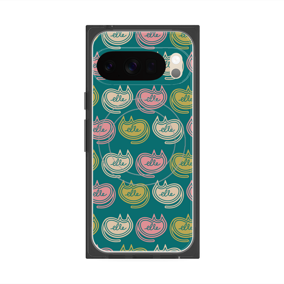 プレミアムスクエアケース with Pixelsnap［ ELLE - Cat Pattern - グリーン ］