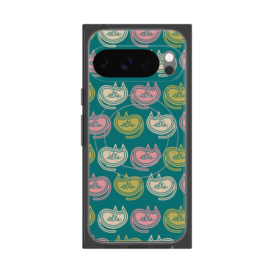 プレミアムスクエアケース with Pixelsnap［ ELLE - Cat Pattern - グリーン ］