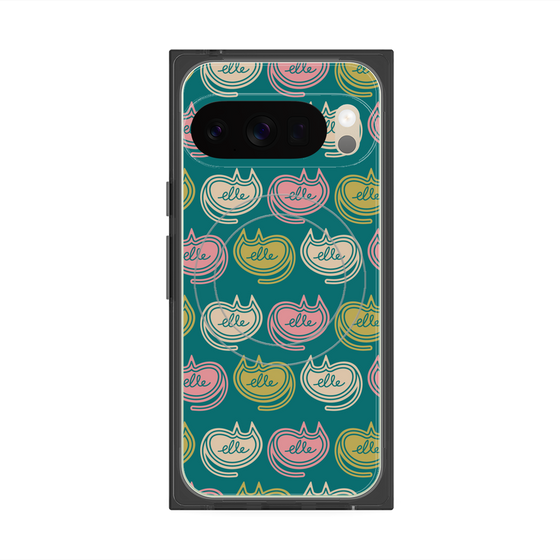 プレミアムスクエアケース with Pixelsnap［ ELLE - Cat Pattern - グリーン ］