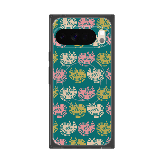 プレミアムスクエアケース with Pixelsnap［ ELLE - Cat Pattern - グリーン ］
