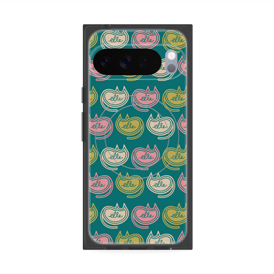 プレミアムスクエアケース with Pixelsnap［ ELLE - Cat Pattern - グリーン ］