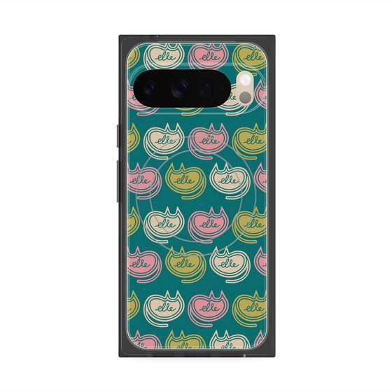 プレミアムスクエアケース with Pixelsnap［ ELLE - Cat Pattern - グリーン ］