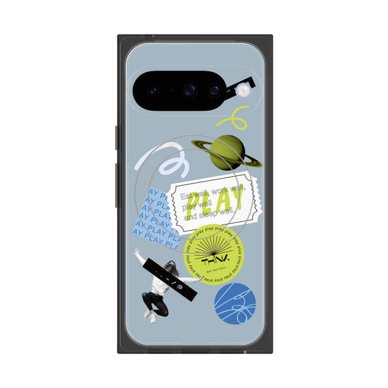 プレミアムスクエアケース with Pixelsnap［ Playful sticker - Dusty Blue ］