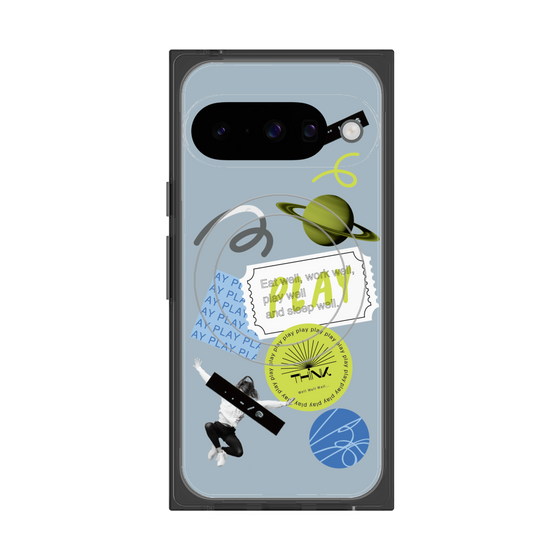 プレミアムスクエアケース with Pixelsnap［ Playful sticker - Dusty Blue ］