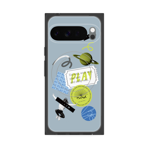 プレミアムスクエアケース with Pixelsnap［ Playful sticker - Dusty Blue ］