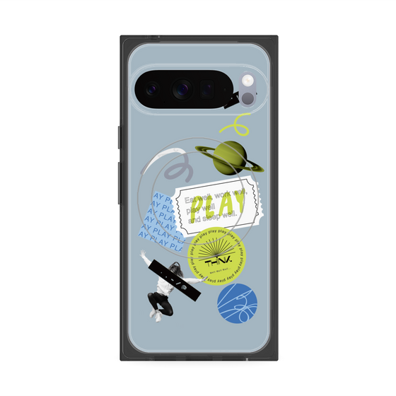 プレミアムスクエアケース with Pixelsnap［ Playful sticker - Dusty Blue ］