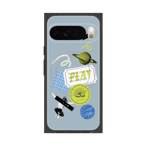 プレミアムスクエアケース with Pixelsnap［ Playful sticker - Dusty Blue ］