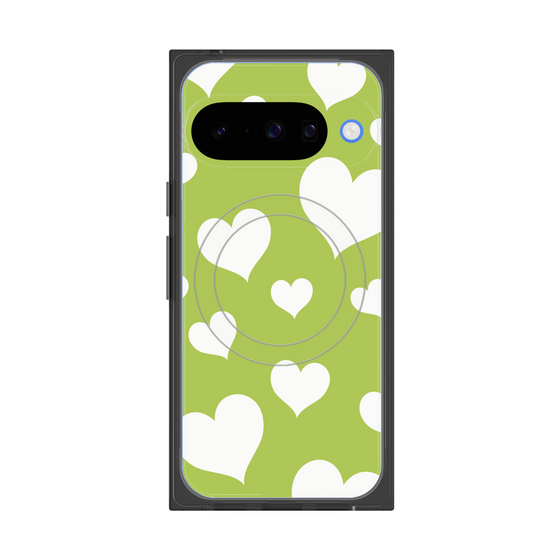 プレミアムスクエアケース with Pixelsnap［ Dot Hearts - Green ］