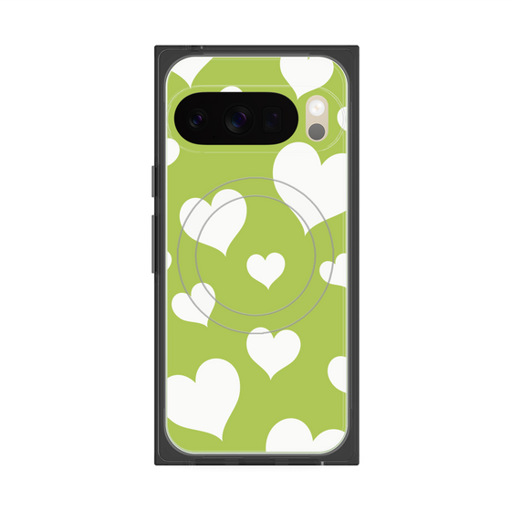 プレミアムスクエアケース with Pixelsnap［ Dot Hearts - Green ］