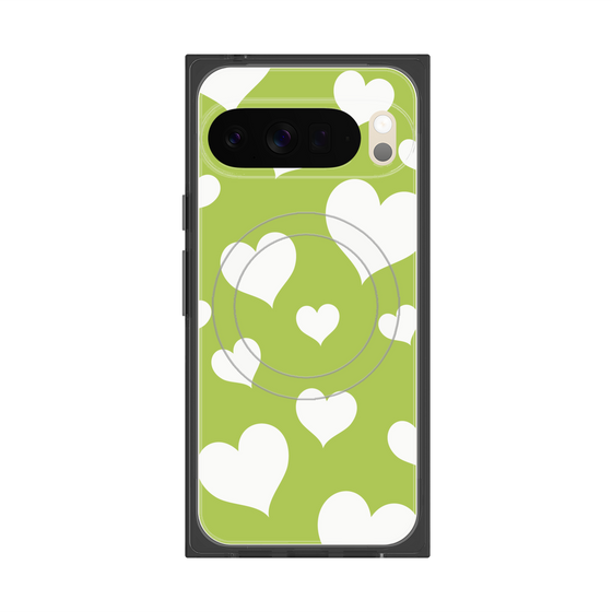 プレミアムスクエアケース with Pixelsnap［ Dot Hearts - Green ］