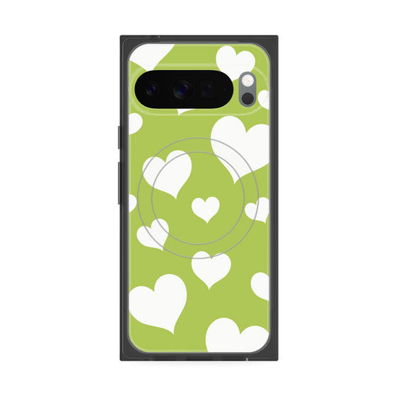 プレミアムスクエアケース with Pixelsnap［ Dot Hearts - Green ］