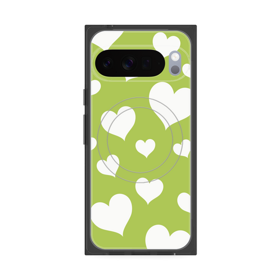 プレミアムスクエアケース with Pixelsnap［ Dot Hearts - Green ］