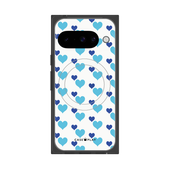 プレミアムスクエアケース with Pixelsnap［ Stripe Hearts - Blue ］