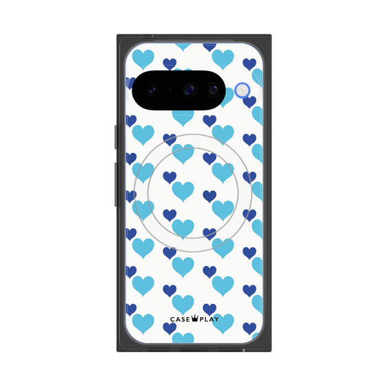 プレミアムスクエアケース with Pixelsnap［ Stripe Hearts - Blue ］