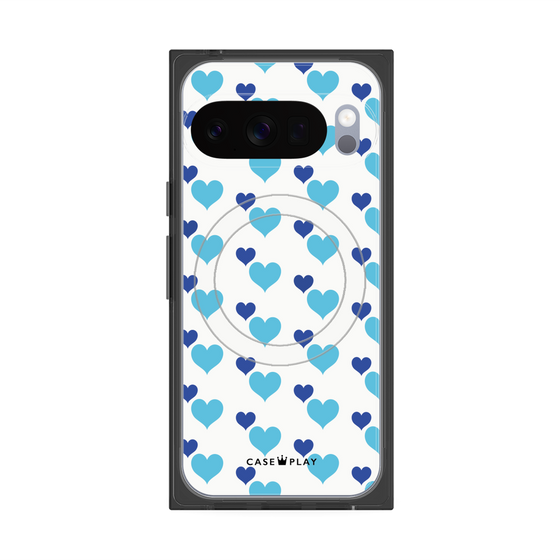 プレミアムスクエアケース with Pixelsnap［ Stripe Hearts - Blue ］