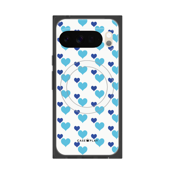 プレミアムスクエアケース with Pixelsnap［ Stripe Hearts - Blue ］