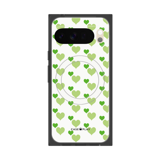 プレミアムスクエアケース with Pixelsnap［ Stripe Hearts - Green ］