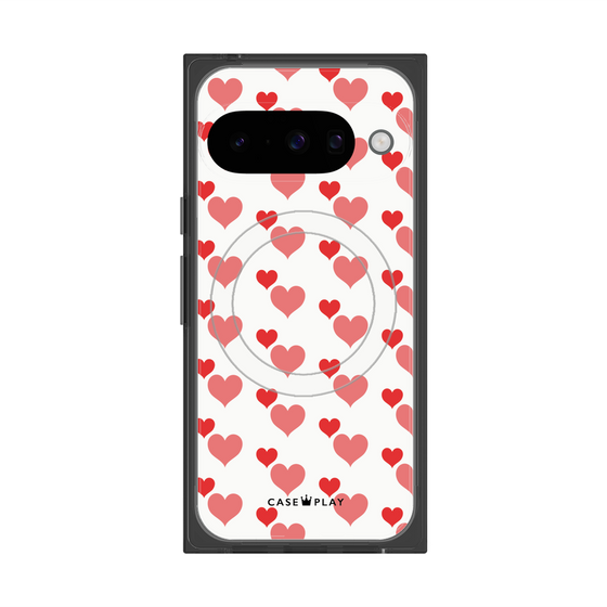 プレミアムスクエアケース with Pixelsnap［ Stripe Hearts - Red ］