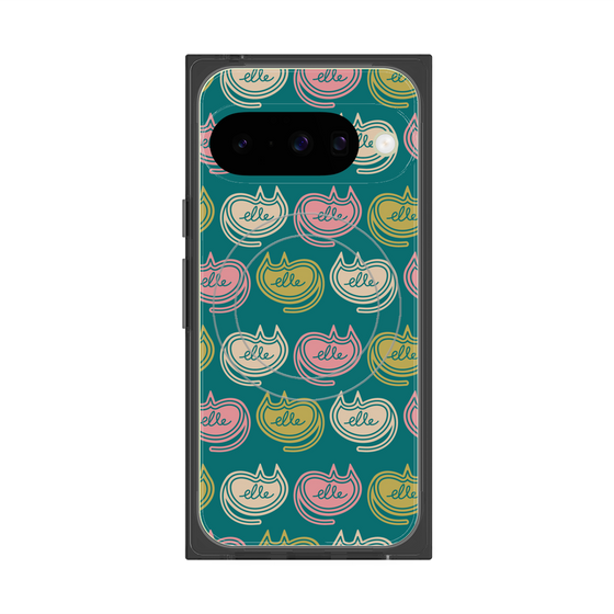 プレミアムスクエアケース with Pixelsnap［ ELLE - Cat Pattern - グリーン ］
