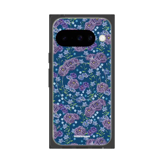 プレミアムスクエアケース with Pixelsnap［ 日比谷花壇 - FloralSymphony - ネイビー ］