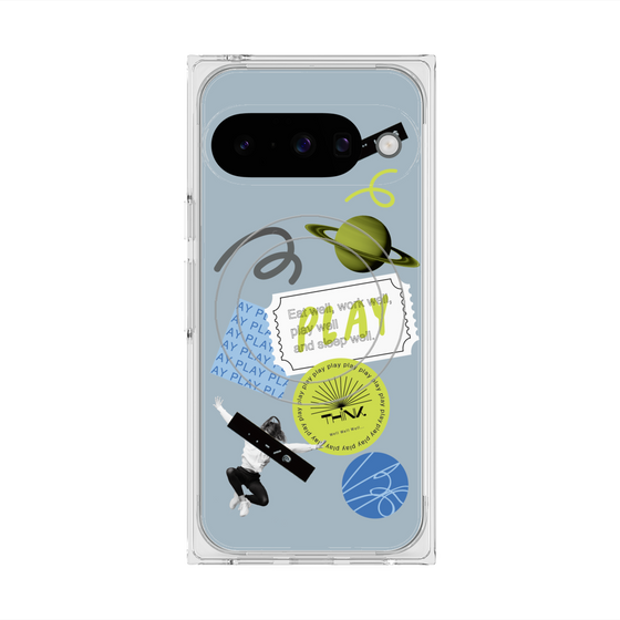 プレミアムスクエアケース with Pixelsnap［ Playful sticker - Dusty Blue ］