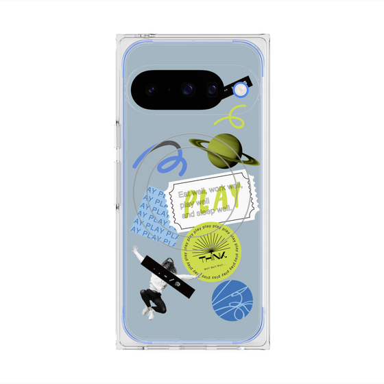 プレミアムスクエアケース with Pixelsnap［ Playful sticker - Dusty Blue ］