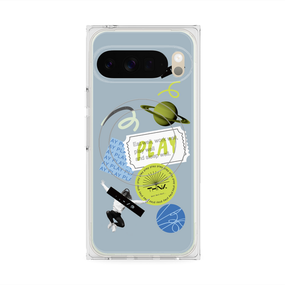 プレミアムスクエアケース with Pixelsnap［ Playful sticker - Dusty Blue ］