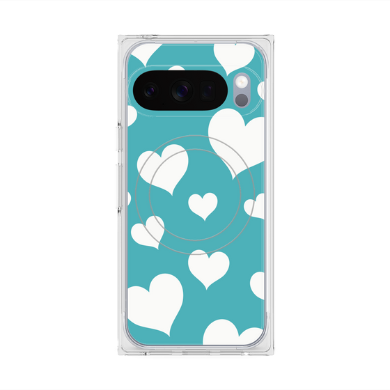 プレミアムスクエアケース with Pixelsnap［ Dot Hearts - Blue ］