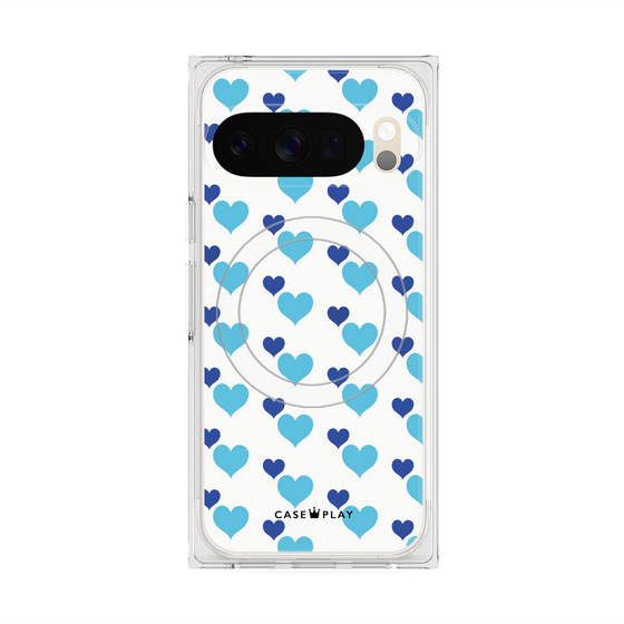 プレミアムスクエアケース with Pixelsnap［ Stripe Hearts - Blue ］