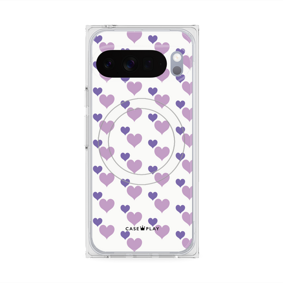 プレミアムスクエアケース with Pixelsnap［ Stripe Hearts - Purple ］